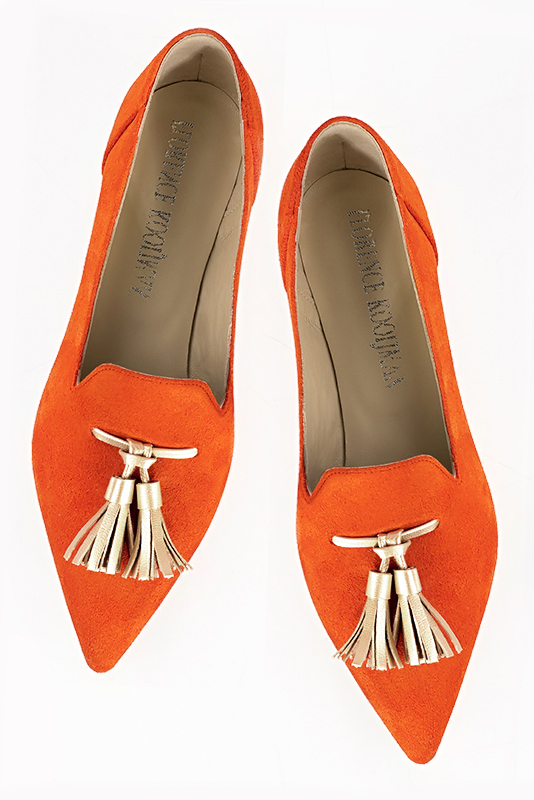 Clementine orange and gold women's loafers with pompons. Pointed toe. Flat flare heels. Top view - Florence KOOIJMAN